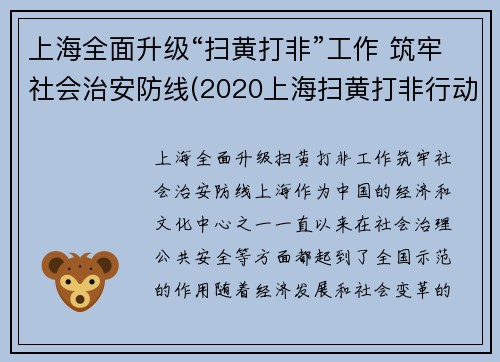 上海全面升级“扫黄打非”工作 筑牢社会治安防线(2020上海扫黄打非行动)